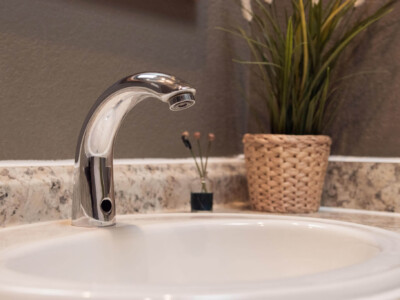 Clean bathroom sink at California Dreams Hostel in San Diego